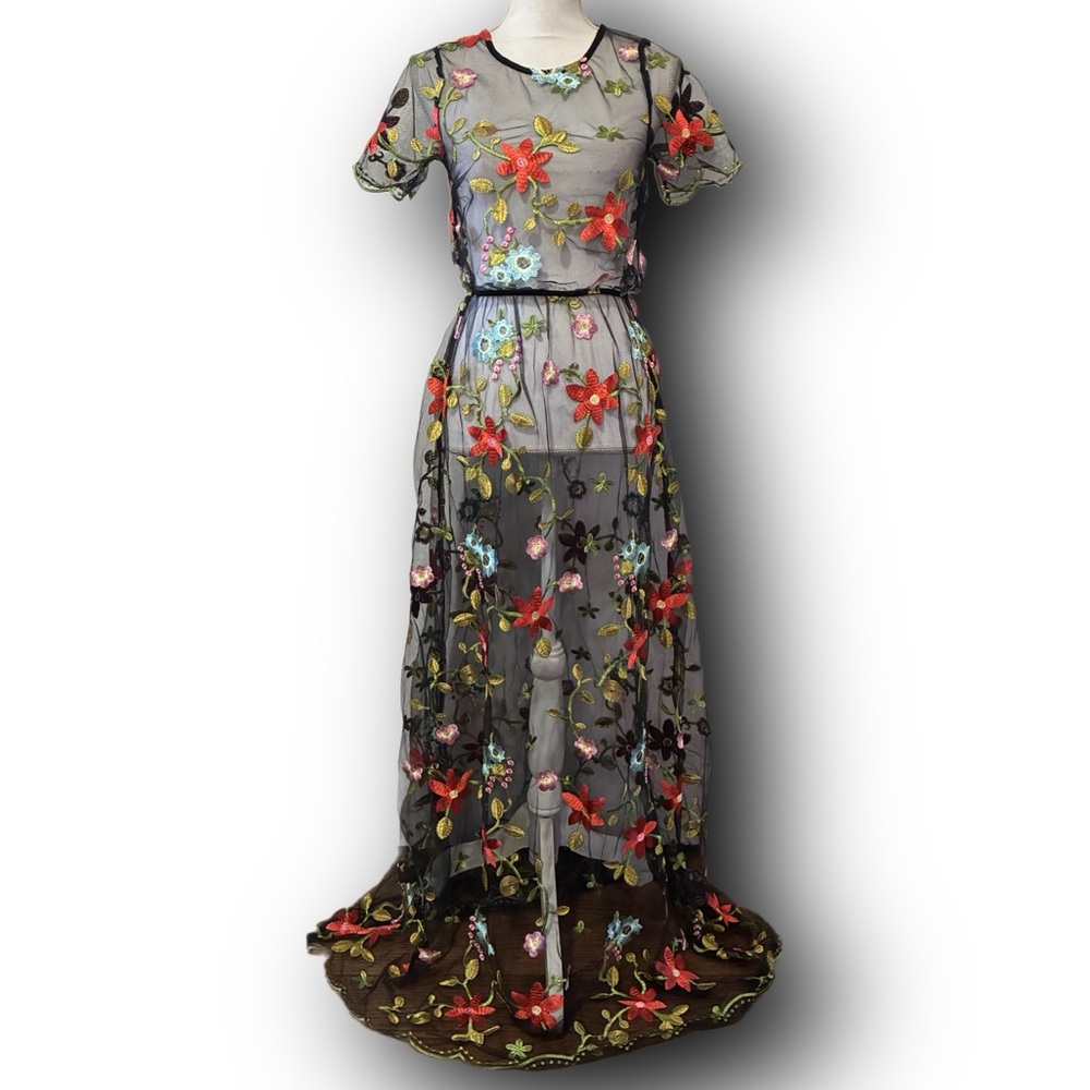 LuLaRoe Black Sheer Maxi Dress with Floral Design Whimsycore Fairycore